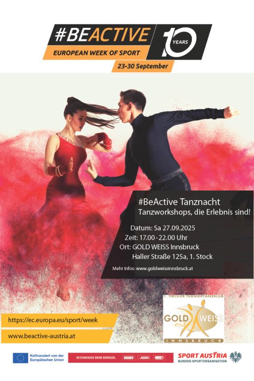 Werbeplakat zur #BeActive Night im TTK Gold Weiss Innsbruck